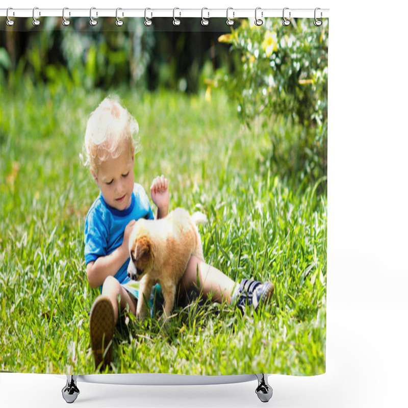 Personality  Kids Play With Puppy. Children And Dog In Garden. Shower Curtains