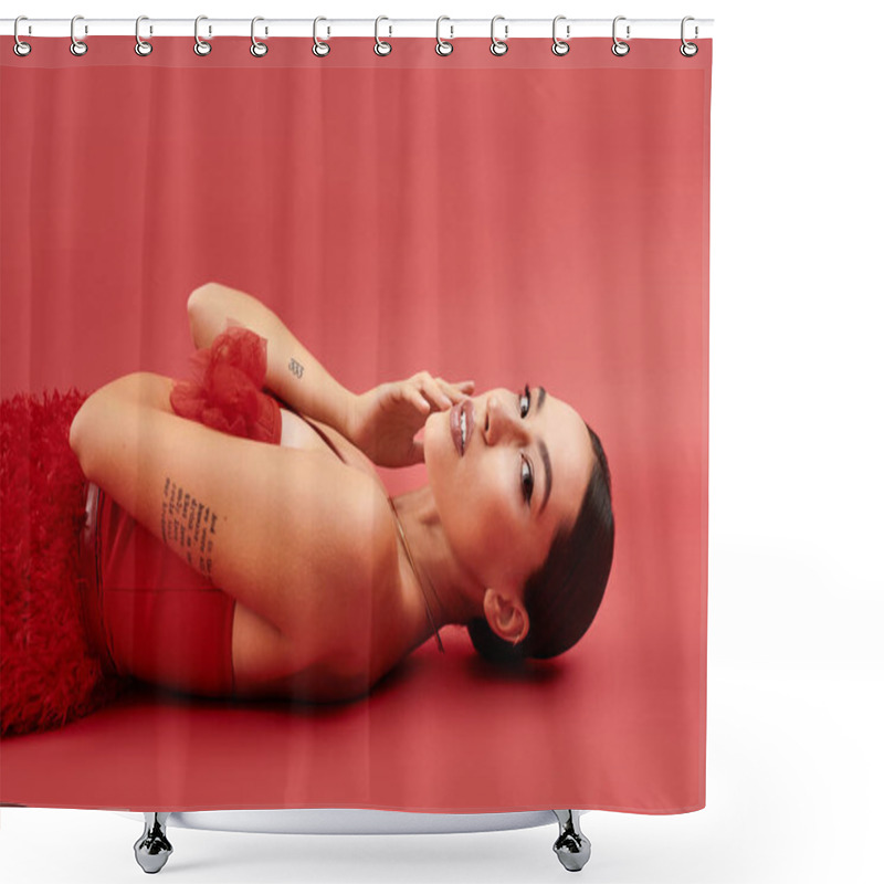 Personality  This Young Woman Exudes Beauty And Confidence While Posing Against A Striking Red Background. Shower Curtains