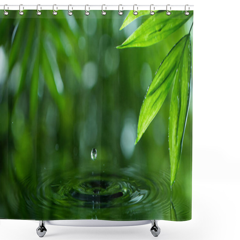 Personality  Fresh Green Leaves With Water Drops Over The Water Shower Curtains