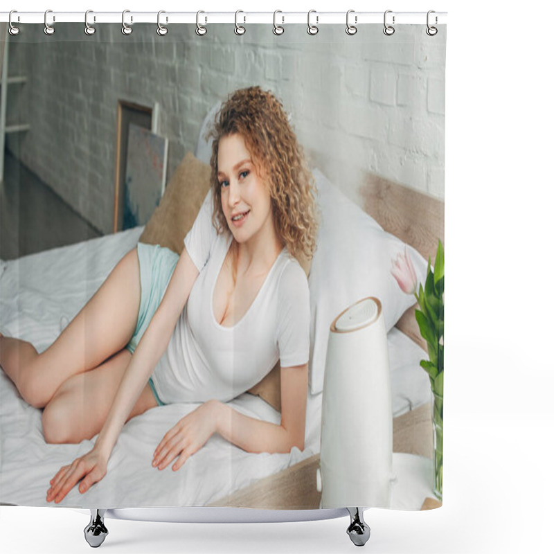 Personality  Beautiful Girl On Bed With Air Purifier Spreading Steam Shower Curtains