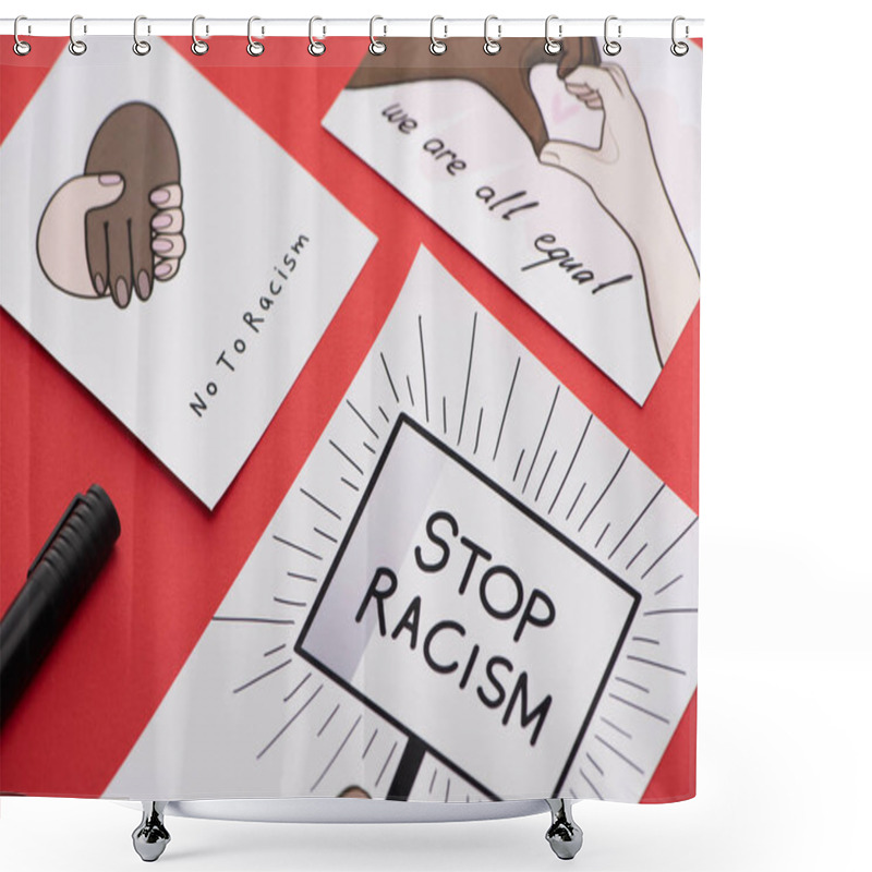 Personality  Close Up View Of Marker And Pictures With Multiethnic Hands On Red Background Shower Curtains