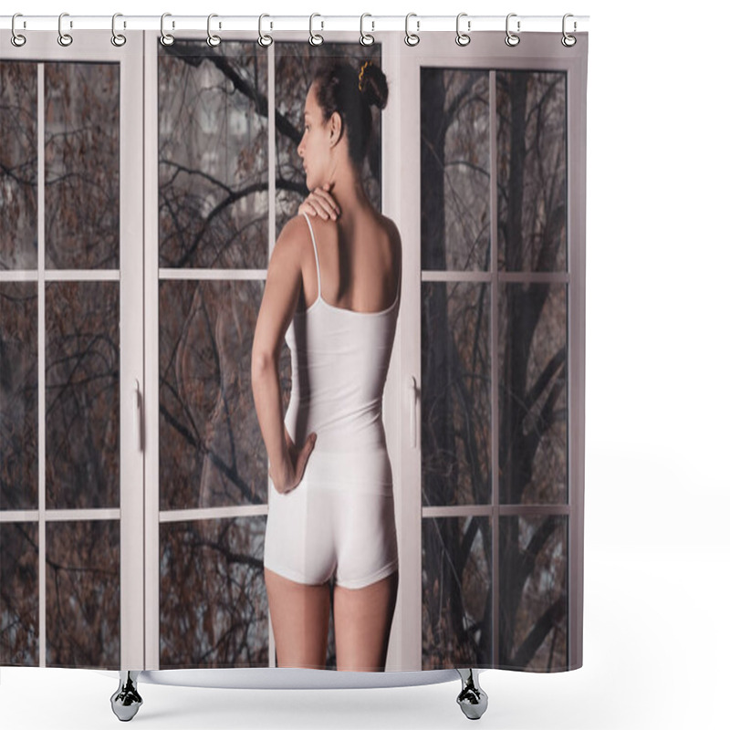 Personality  Neck Pain, Woman Suffering From Backache At Home Shower Curtains