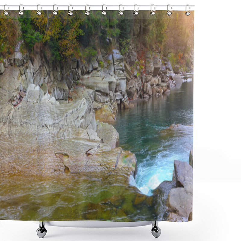 Personality  Rapids On A Rocky Mountain River In Autumn Shower Curtains