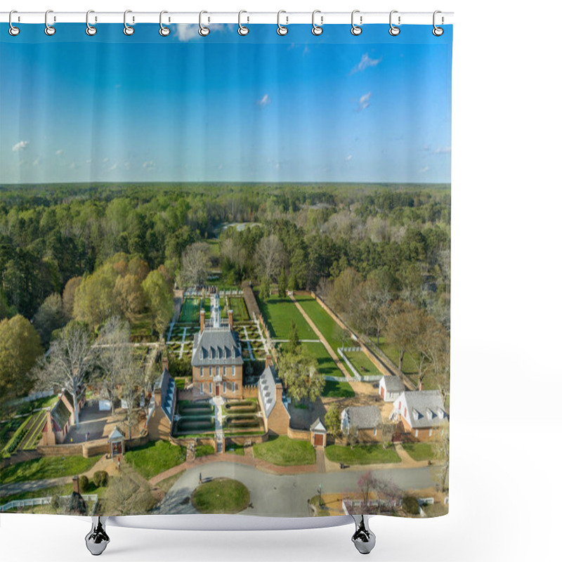 Personality  Aerial View Of The Governor's Palace In Williamsburg, Virginia, Official Residence Of The Royal Governors Of The Colony Of Virginia With Brick Facade Falling Gardens Shower Curtains