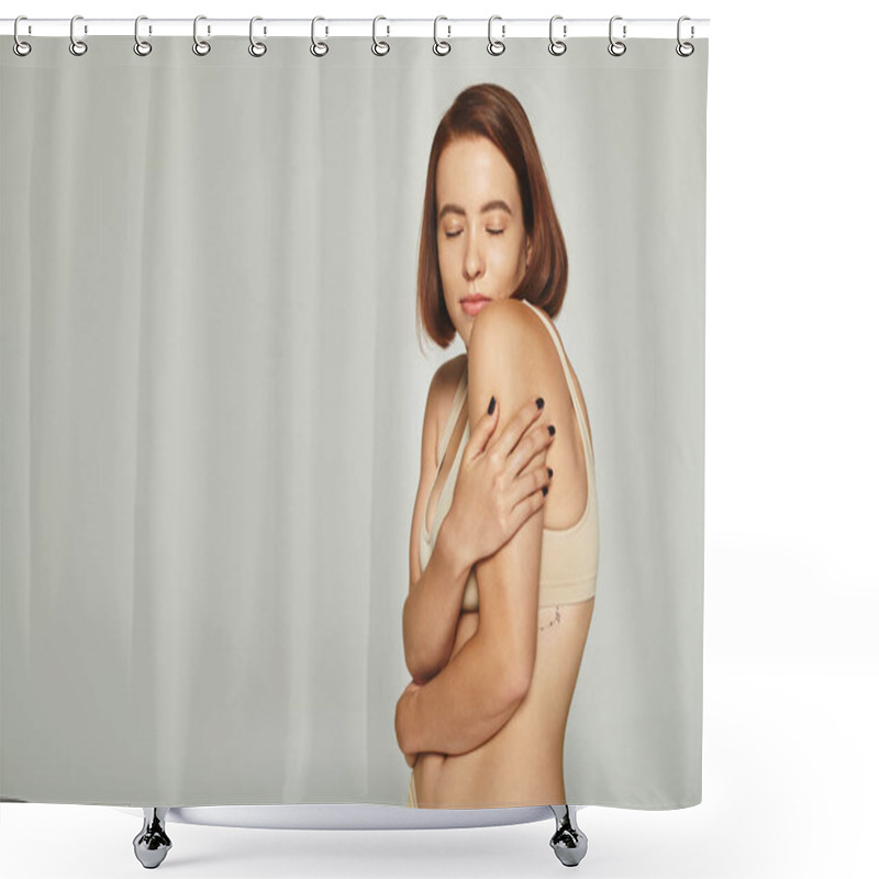 Personality  Shy Young Woman In Beige Underwear Looking Over Shoulder On Grey Background, Vulnerability Shower Curtains