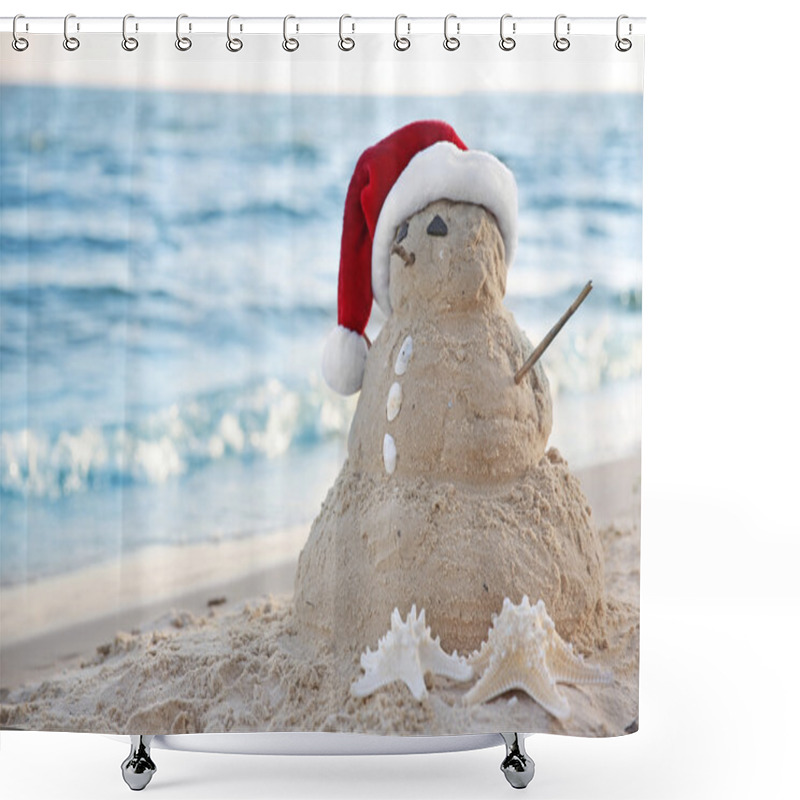 Personality  Snowman Made Of Sand On Beach.  Shower Curtains