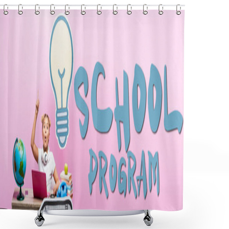 Personality  Panoramic Shot Of Excited Girl Having Idea Near Gadgets, Globe, School Program Lettering And Paper Art On Pink  Shower Curtains