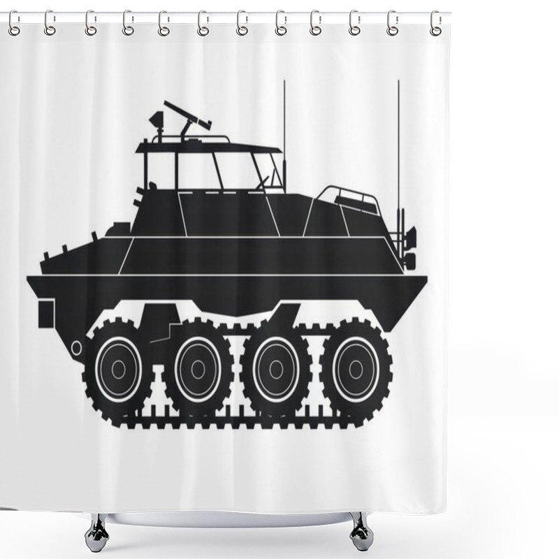 Personality  Silhouette Of A Military Armored Vehicle With A Turret, Showcasing Its Robust Design And Track System. Shower Curtains