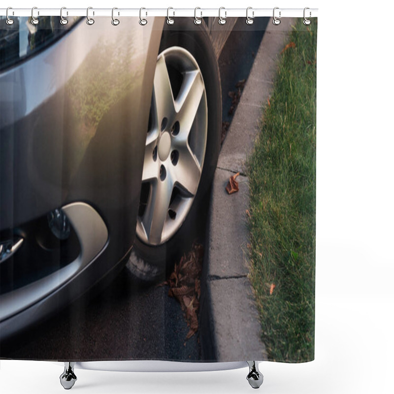 Personality  Detail Of Grey Shiny Car On Parking Lot And Green Grass Shower Curtains