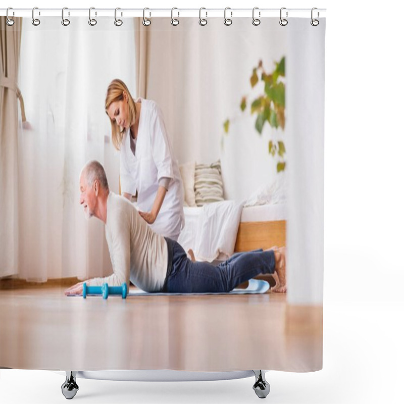 Personality  Health Visitor And Senior Man During Home Visit. Shower Curtains