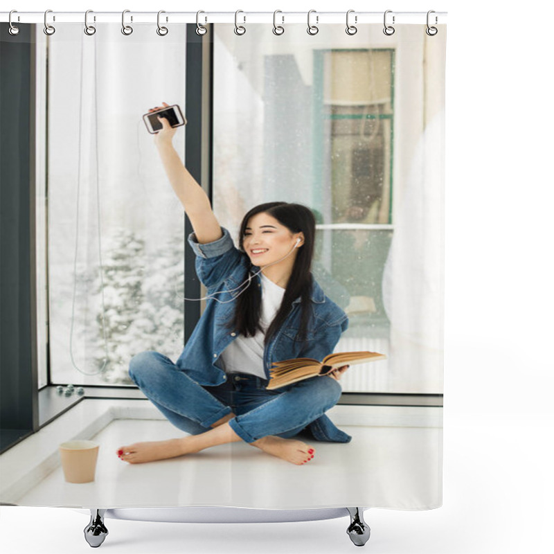 Personality  Asian Woman Reading A Book Next To Big Windows Shower Curtains