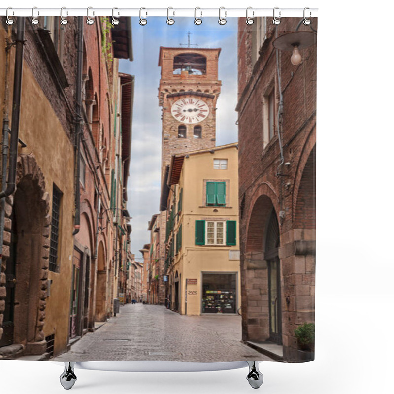 Personality  Lucca, Tuscany, Italy: The Main Street Of The Old Town Via Fillungo With The Medieval Clock Tower Torre Delle Ore Or Torre Dell'Orologio Shower Curtains