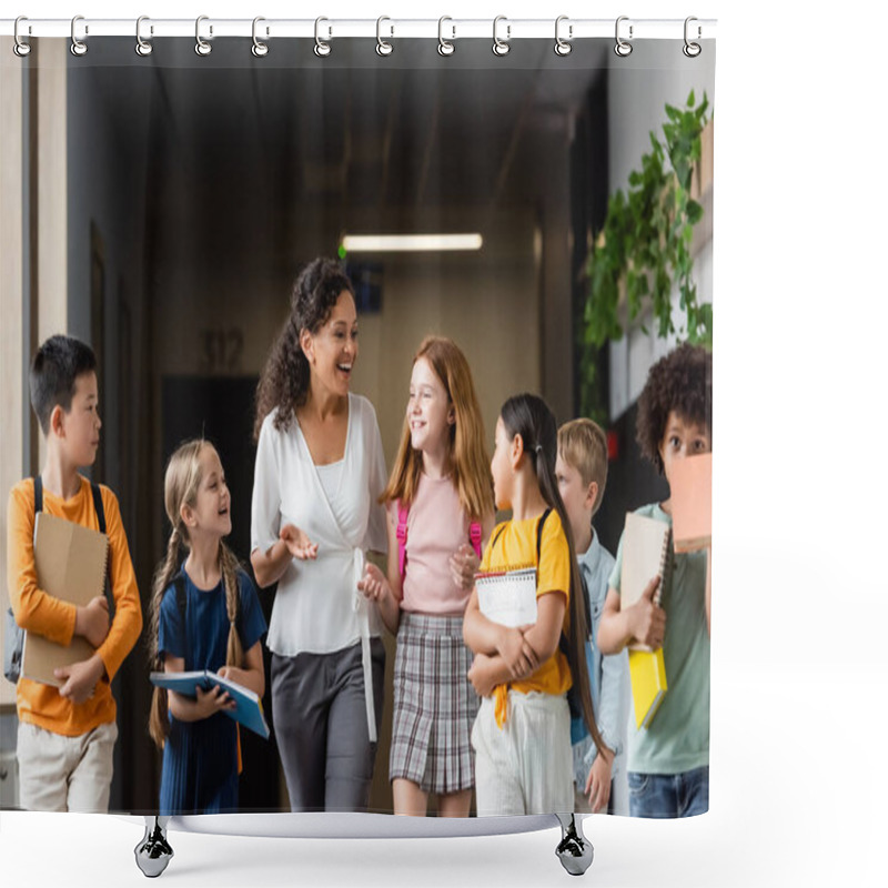 Personality  Positive African American Teacher Gesturing While Talking To Multicultural Pupils In School Hall Shower Curtains