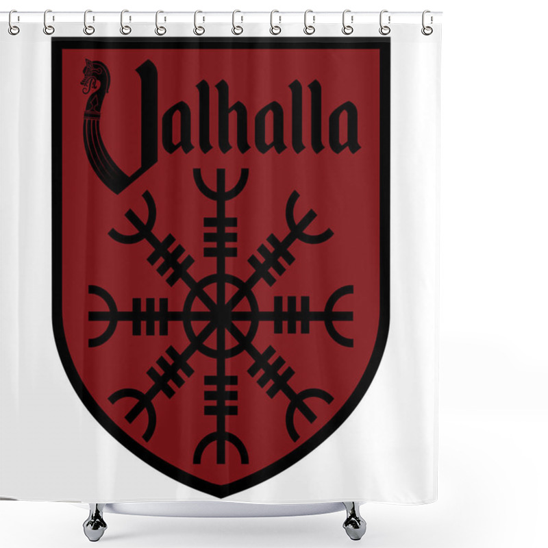 Personality  The Ancient European Esoteric Sign - The Helm Of Awe, Inscription Valhalla And Heraldic Shield Shower Curtains