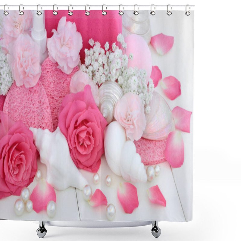 Personality  Cleansing Spa Beauty Treatment Products With Pink Roses And Carnation Flowers, Shell Shaped Soaps, Bath Bomb, Sponges With Decorative Seashells And Pearls On White Wood Background. Shower Curtains