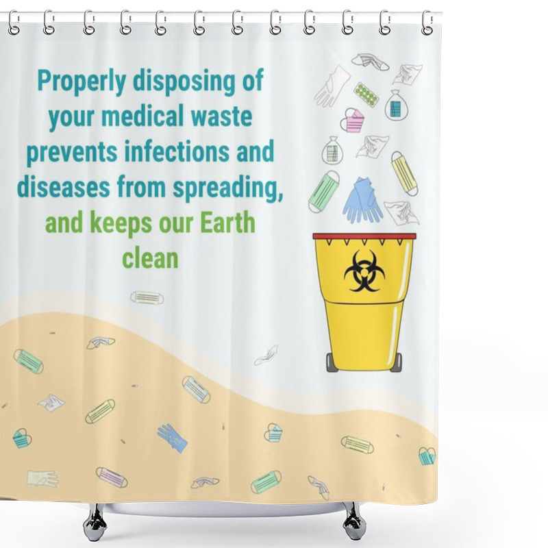 Personality  Discarded Single-use Safety Face Masks Pollute Beaches And Ocean And Beach. Coronavirus And Flu Face Masks Have An Impact On The Environment. Disposal Of Medical Waste. Hand Drawn Vector Illustration. Shower Curtains