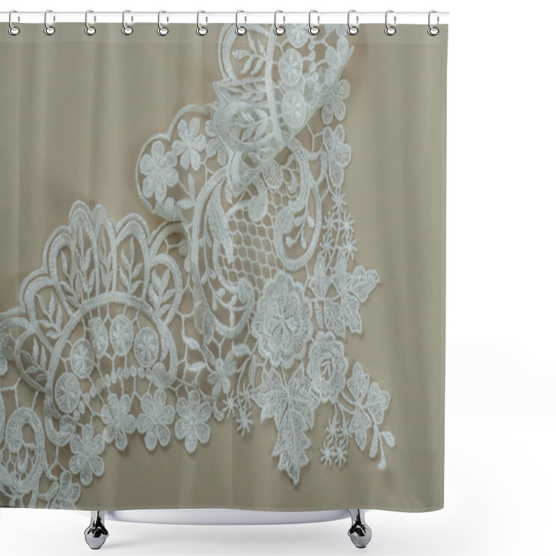 Personality  Texture Lace Fabric. Lace On White Background Studio. Thin Fabric Made Of Yarn Or Thread. A Background Image Of Ivory-colored Lace Cloth. White Lace On Beige Background. Shower Curtains