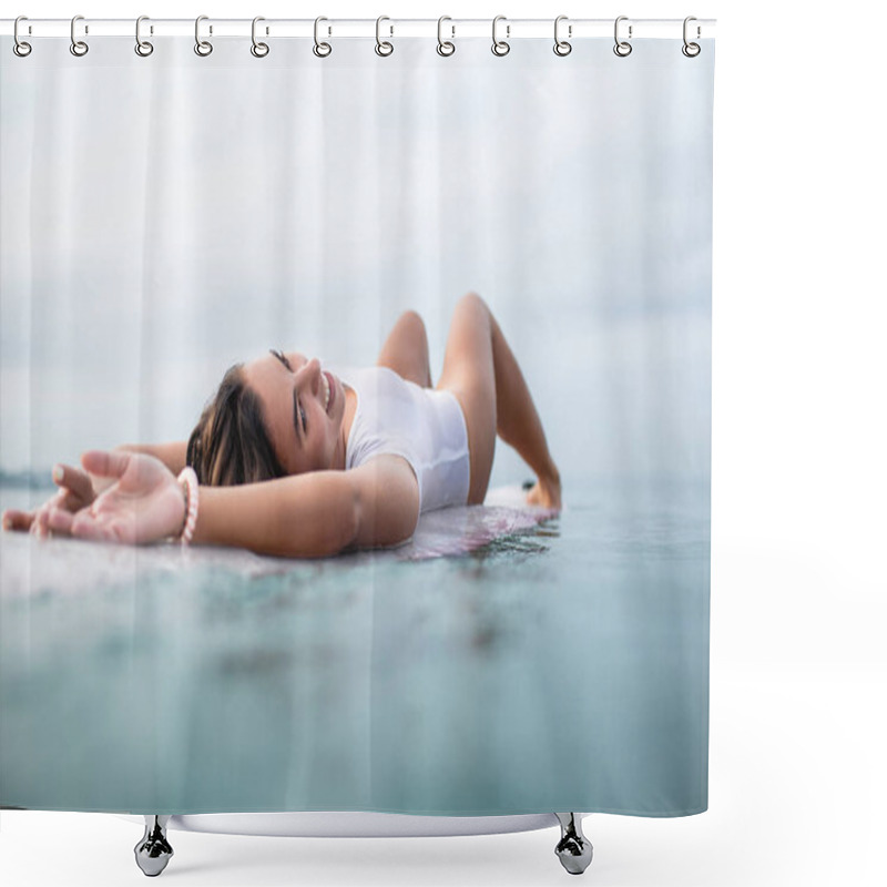 Personality  Seductive Young Woman Relaxing On Surfboard In Ocean During Summer Vacation Shower Curtains