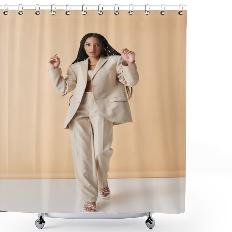 Personality  A Stylish Young Woman With Long Black Braids Stands In A Tan Suit Against A Neutral Background, Posing Confidently In White Heeled Sandals. Shower Curtains