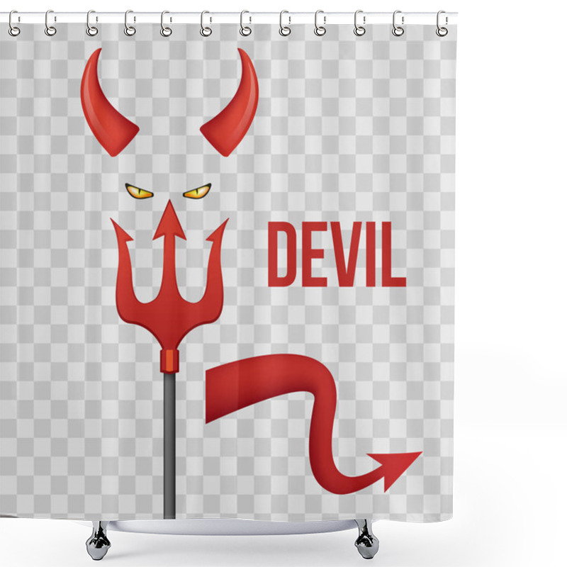 Personality  Devil Horns, Trident, Eyes And Tail Isolated On Transparent Checkered Background. Vector Illustration. Shower Curtains