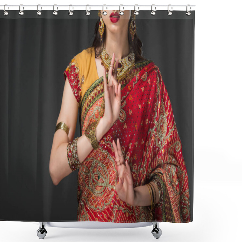 Personality  Cropped View Of Indian Woman In Traditional Clothing Showing Window Wisdom Mudra, Isolated On Grey  Shower Curtains