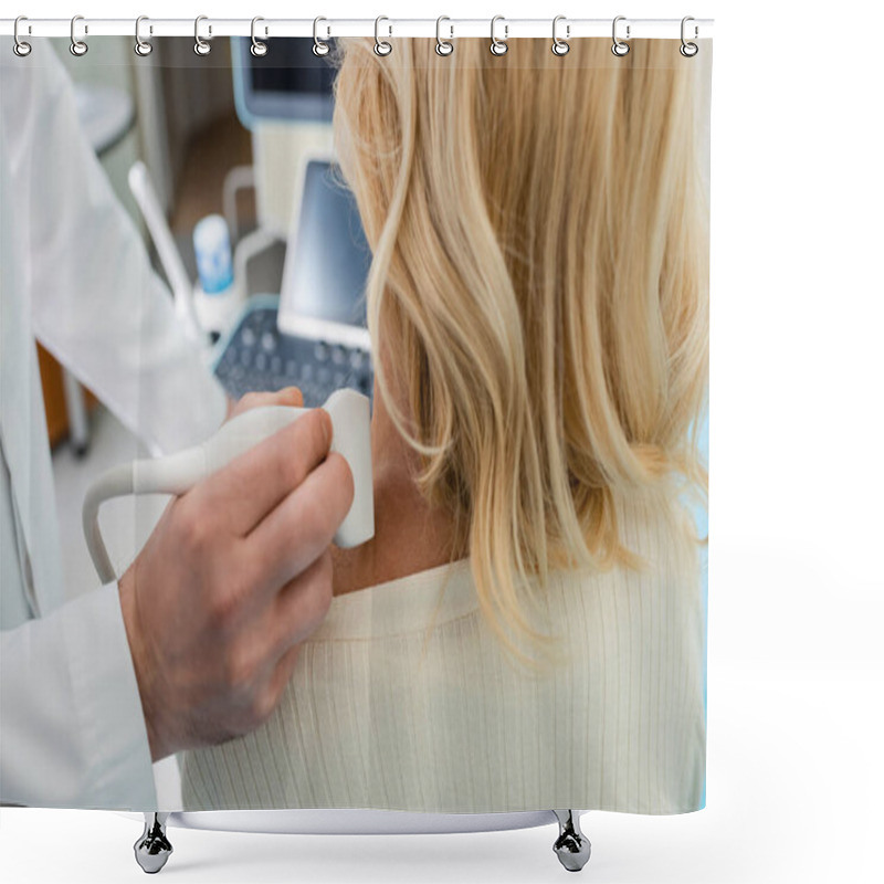 Personality  Cropped View Of Doctor Examining Lymphatic System Of Blonde Woman With Ultrasound Shower Curtains