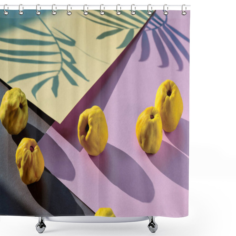 Personality  Close-up On Ripe Sweet Japanese Quince Fruits On Pink And Purple Geometric Layered Paper. Long Shadows From The Fruits And Palm Leaves. Vibrant Yellow, Pink And Purple Autumn Color Palette. Shower Curtains