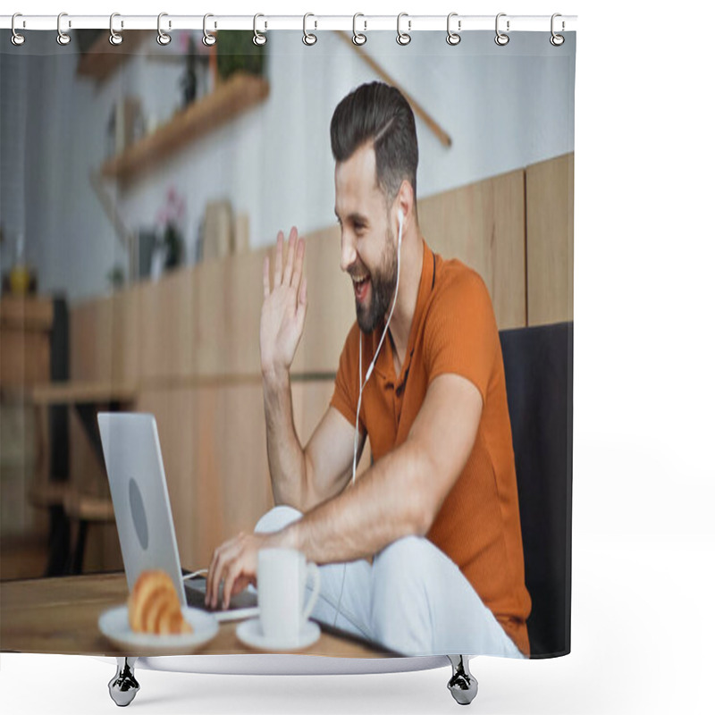 Personality  Happy Man In Earphones Having Video Call In Cafe Shower Curtains