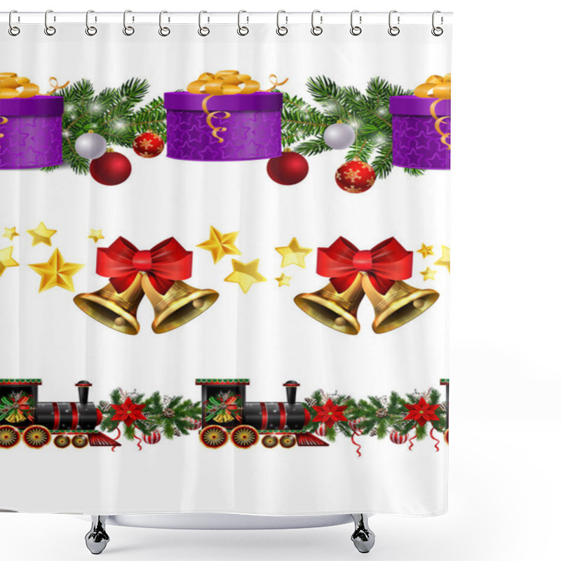 Personality  Little Christmas Train Seamless Pattern Decorated Red Ribbon Vector Shower Curtains