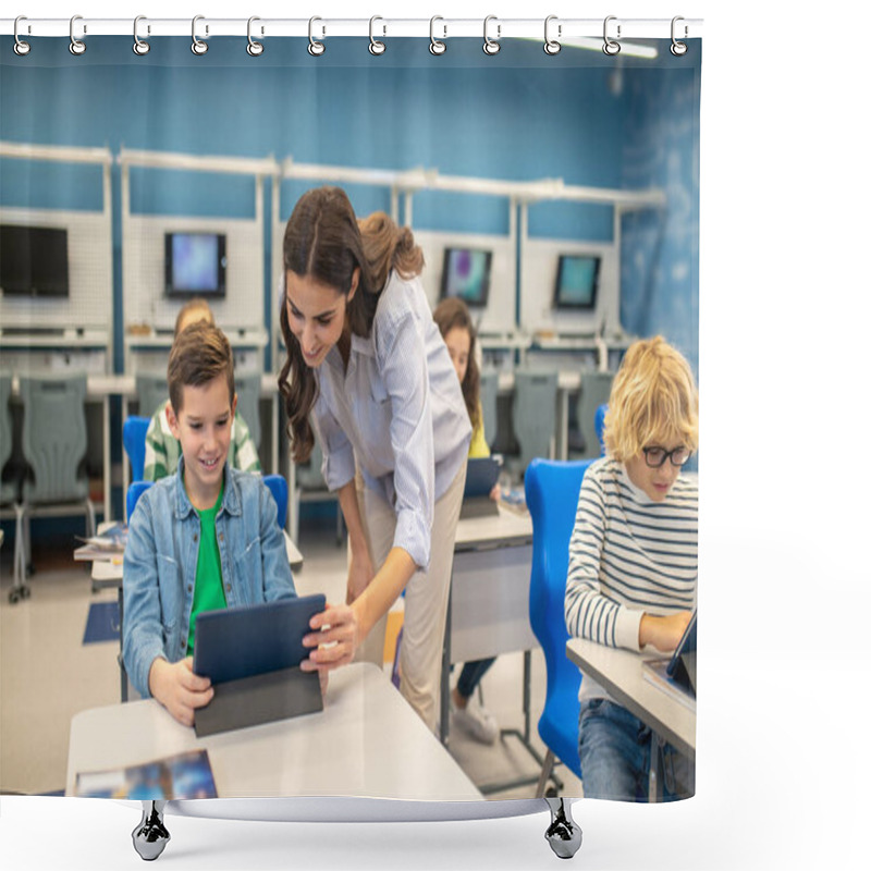 Personality  Woman Leaning Over Looking Into Boys Tablet Shower Curtains