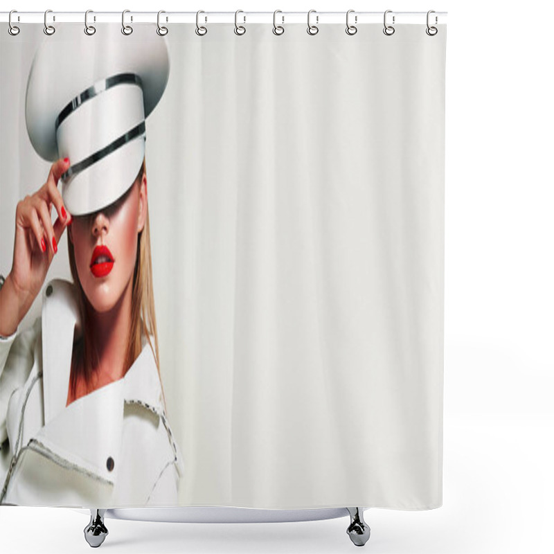 Personality  Beautiful Young Fashionable Girl In A White Cap And White Jacket On A Background With Red Lips And Nails. Shower Curtains