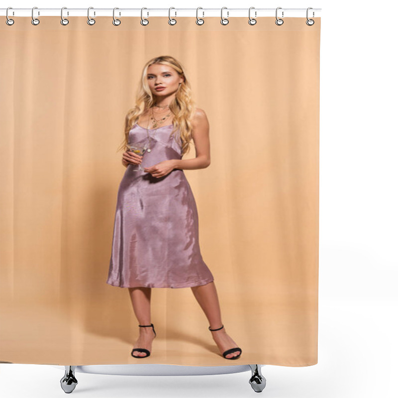 Personality  Elegant Blonde Woman In Violet Satin Dress And Necklace Holding Cocktail On Beige Shower Curtains