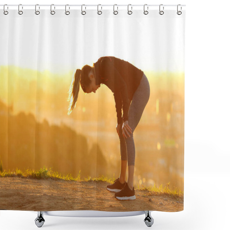 Personality  Side View Portrait Of A Tired Runner Resting After Exercise In City Outskirts At Sunset Shower Curtains