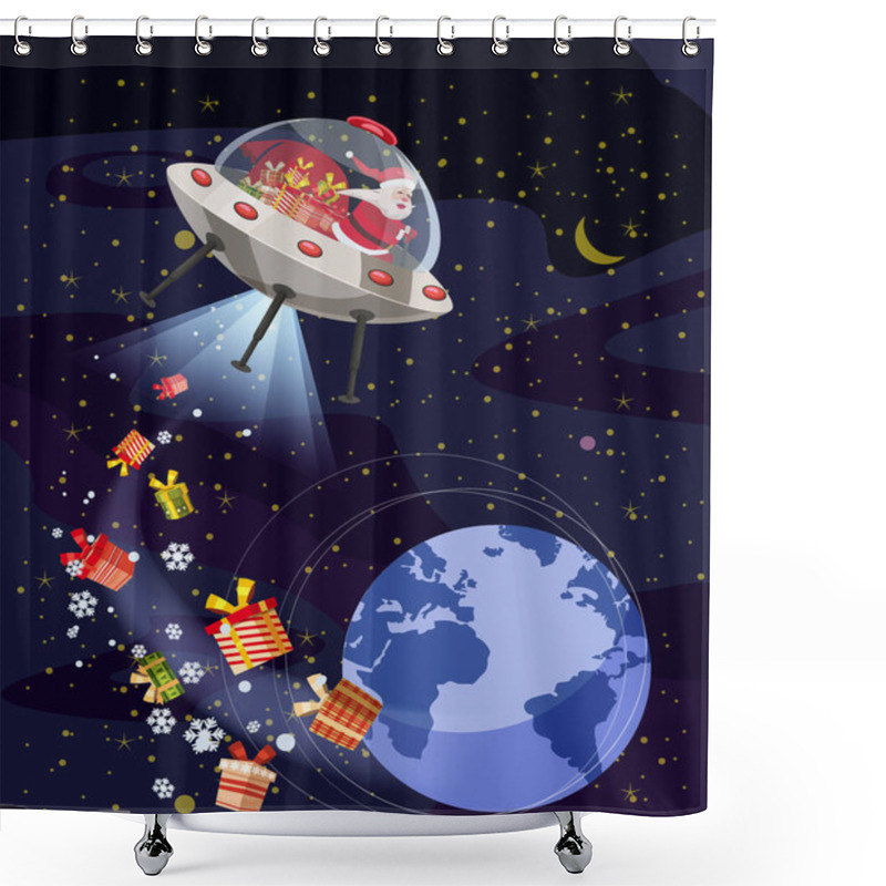 Personality  Merry Christmas Santa Claus Flying In UFO Spaceship Flying Saucer With Gift Boxes In Space Earh Night. Vector Illustration Isolated Cartoon Style Shower Curtains