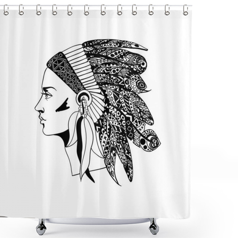 Personality  The Profile Of A Girl In Traditional Headdress Of An Indian Chief Shower Curtains