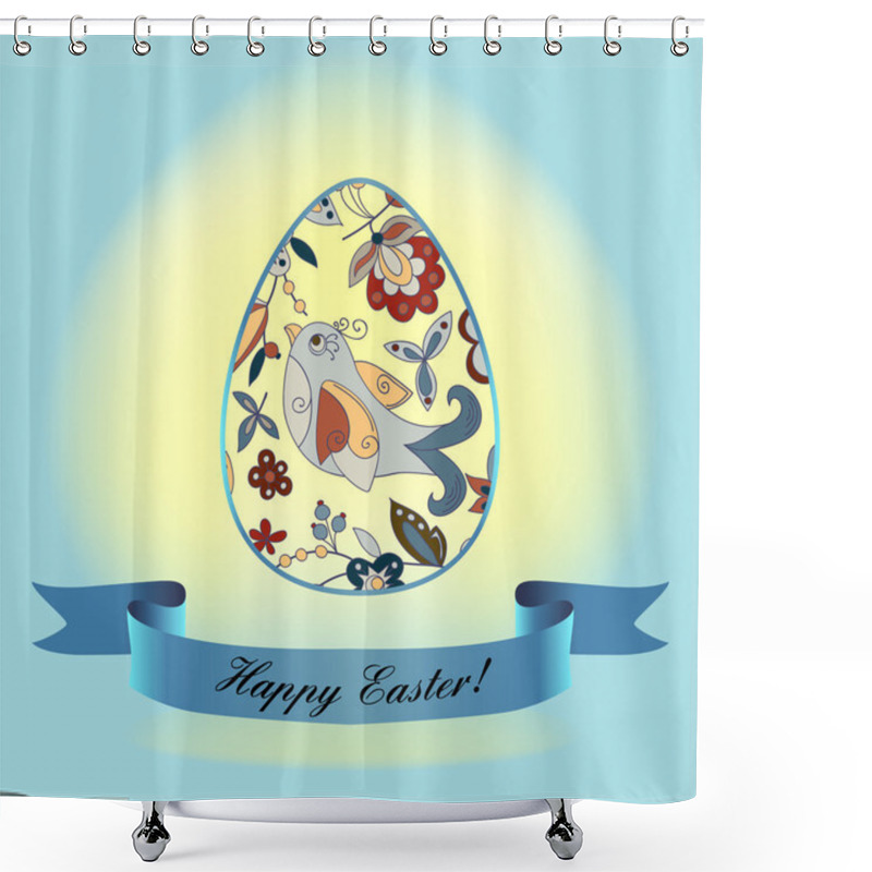 Personality  An Egg With A Blue Ribbon Ornament With Bird, Flowers, Buds, Branches. Congratulations With Easter. Shower Curtains