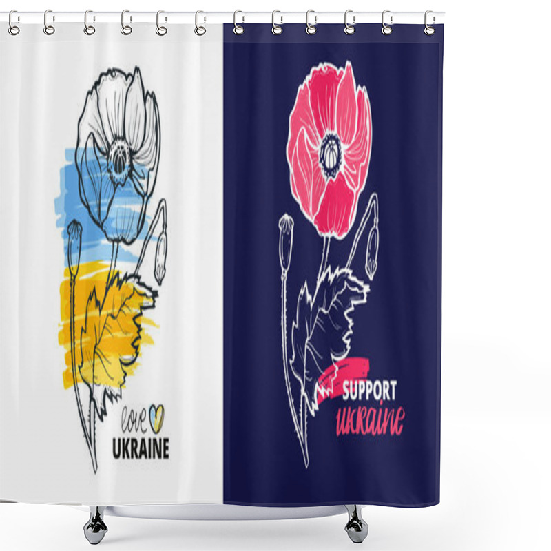 Personality  Poppy Flower - Support Ukraine Illustration. Support Ukraine Label. Blue Yellow Ukrainian Flag Background. Shower Curtains