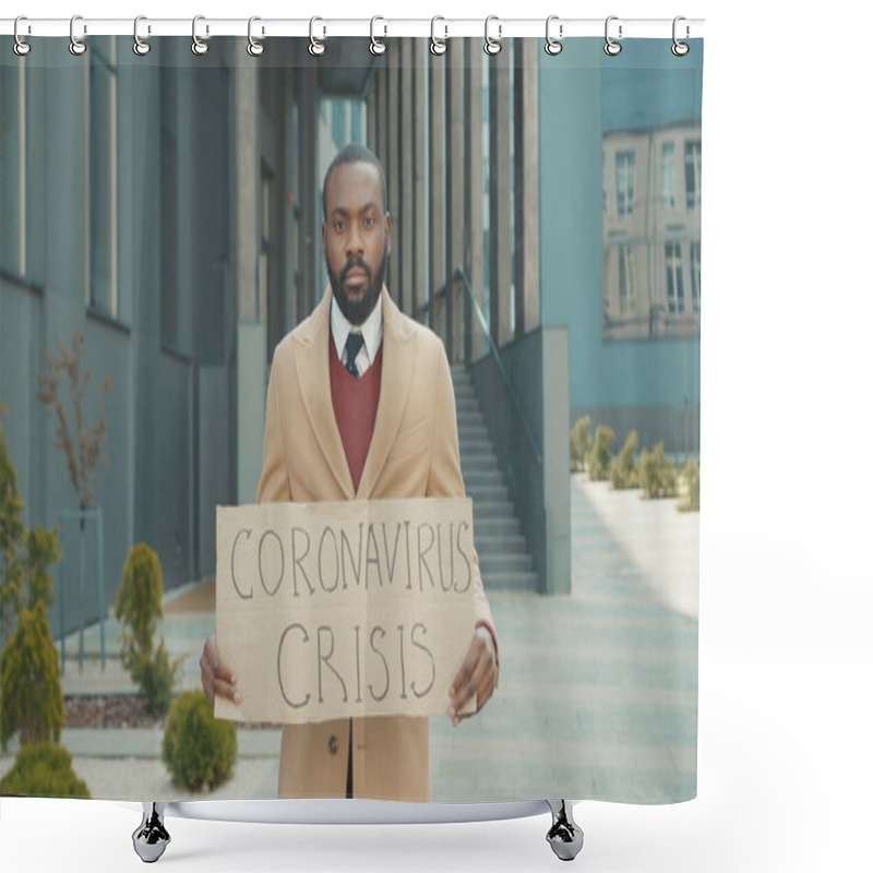 Personality  Future. Face Detection. Portrait Of Fired Afro-American Businessman With Coronavirus Crisis Banner Being Scanned By 3D High Tech Biometric Facial Scanning Recognition. Shower Curtains