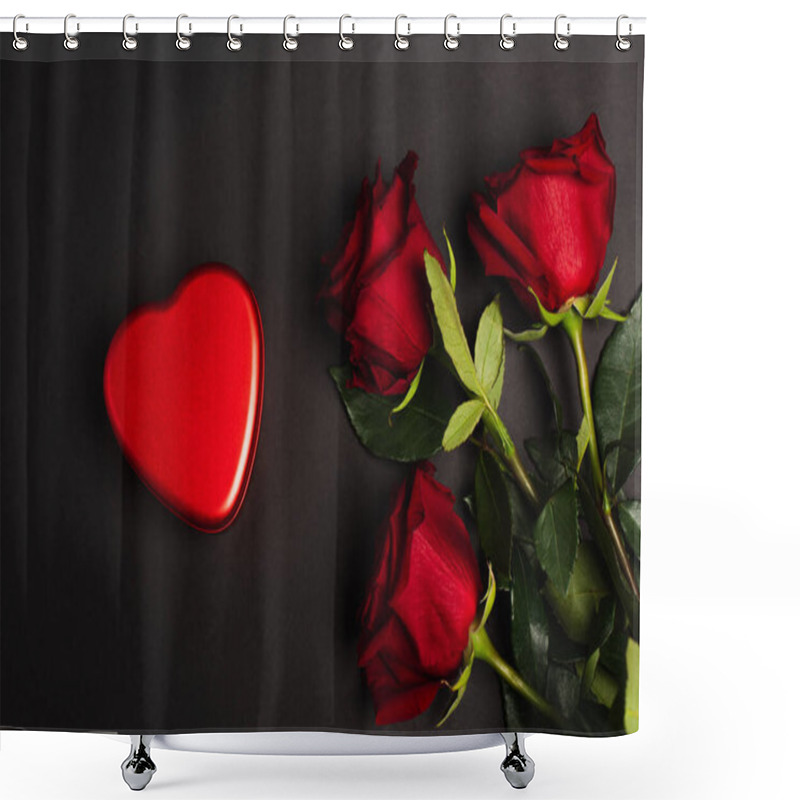 Personality  Top View Of Red Roses Near Metallic Heart-shaped Box On Black Shower Curtains