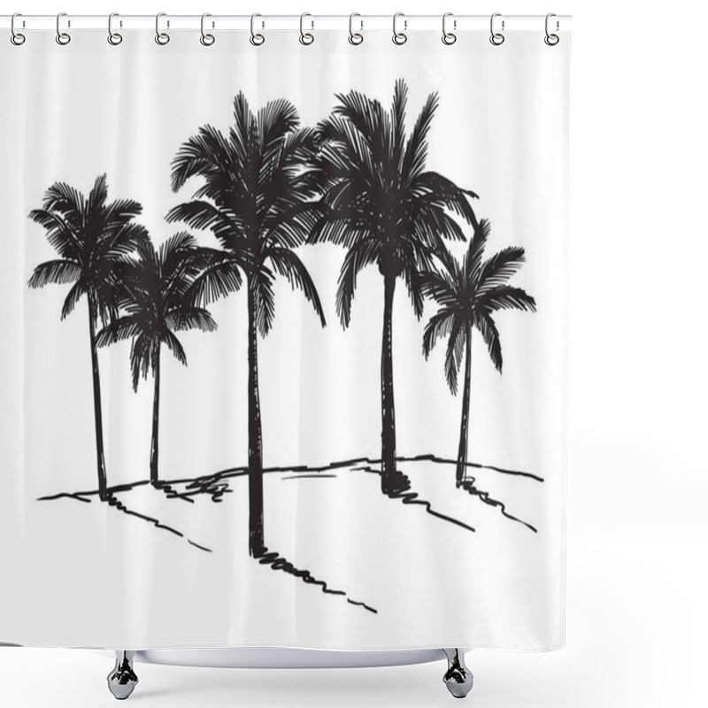 Personality  Silhouettes Of Palm Trees On A Wild Beach. Vector Sketch On White Background Shower Curtains