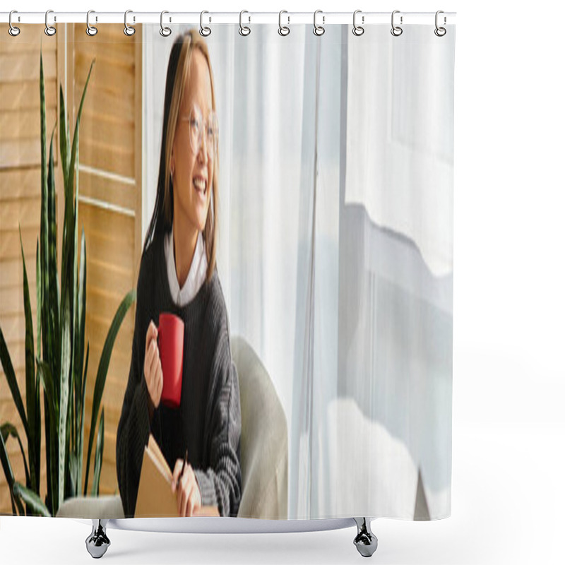 Personality  A Young Asian Girl Relaxes In A Chair, Holding A Red Cup While Studying On Her Book At Home. Shower Curtains