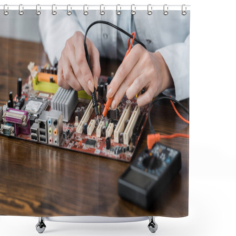 Personality  Cropped Shot Of Electric Engineer With Tester Examining Computer Motherboard Shower Curtains