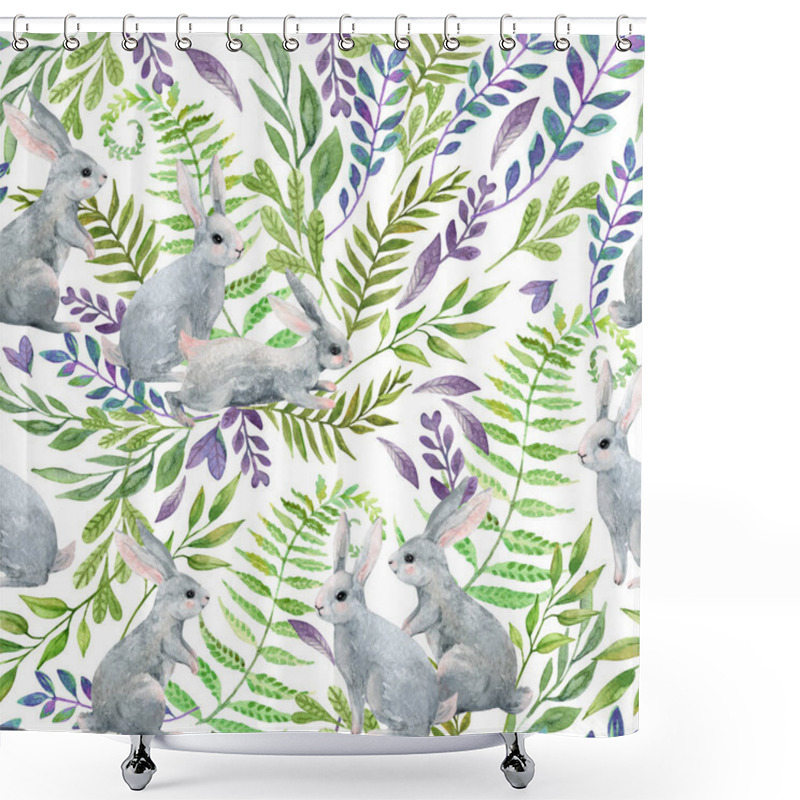 Personality  Watercolor Little Rabbits On Wild Herbs And Flowers Background. Woodland Wildlife Seamless Pattern With Cute Animals. Hand Painted Nature Illustration For Nursery Design, Fabrics, Textile Shower Curtains