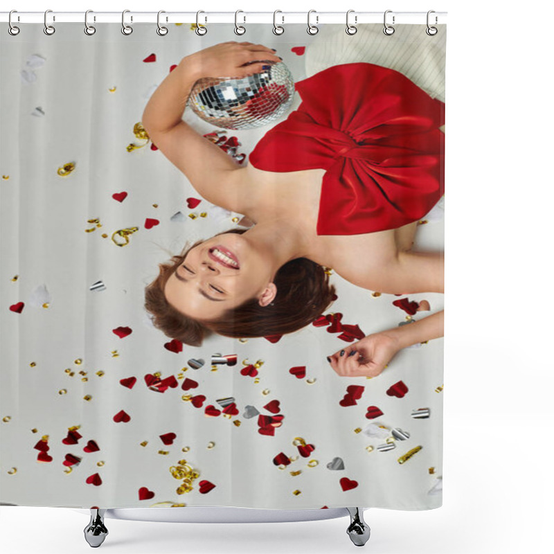 Personality  New Year, Excited Woman With Disco Ball Lying On Floor Near Confetti On Grey Backdrop, Top View Shower Curtains