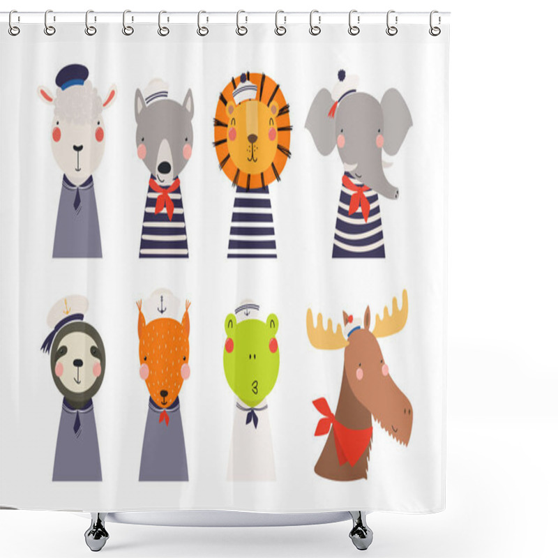 Personality  Set Of Cute Funny Little Sailor Animals , Scandinavian Style Flat Design, Concept For Children Print Shower Curtains