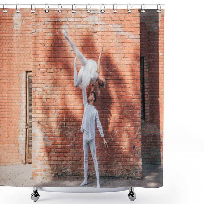 Personality  Young Couple Of Dancers Performing Ballet Dance Near Brick Wall On Street Shower Curtains