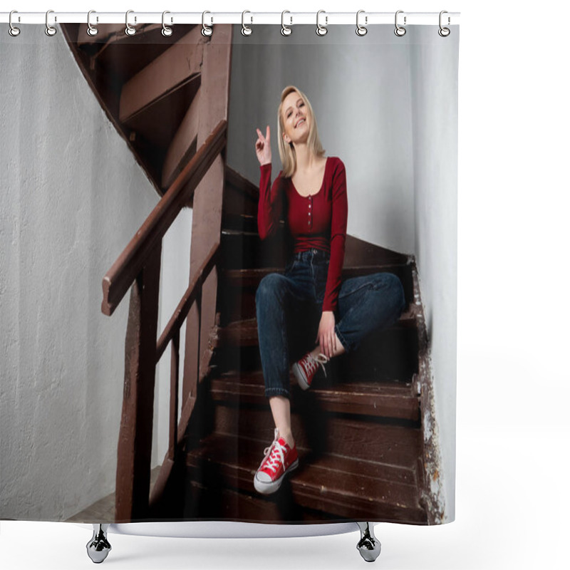 Personality  Blonde Hipster Sits On Aged Stairs In Old Country House  Shower Curtains