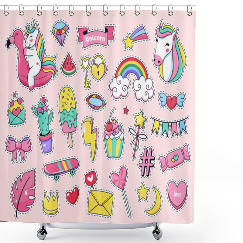 Personality  Cute Patch Badges. Magic Fashion Doodle Patches, Fairytale Pink Rainbow Unicorn, Ice Cream And Sweet Candy Isolated Vector Illustration Icon Set Shower Curtains