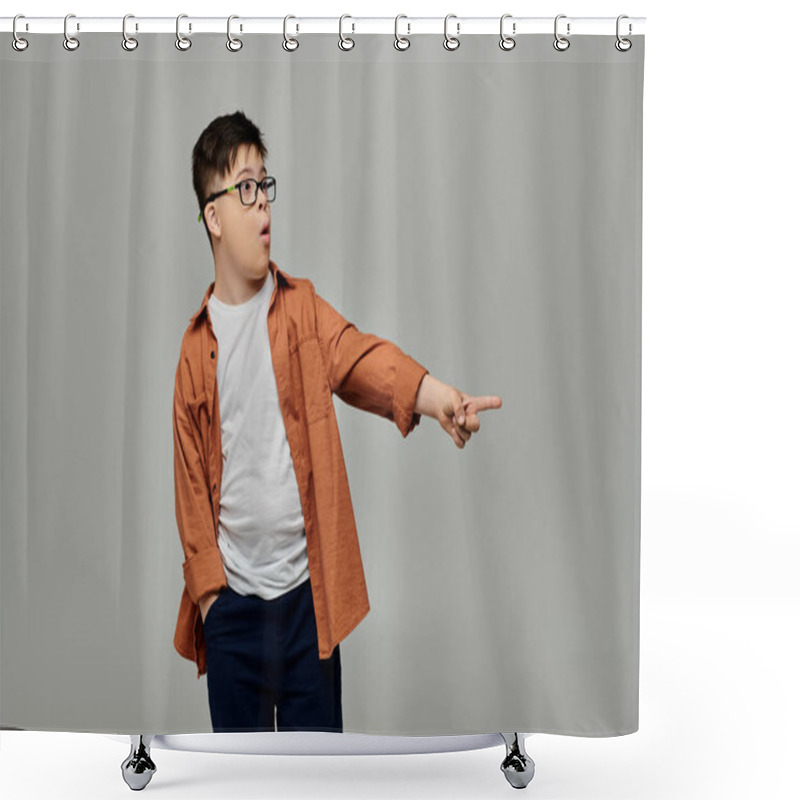 Personality  Little Boy With Down Syndrome With Glasses Pointing Excitedly Shower Curtains