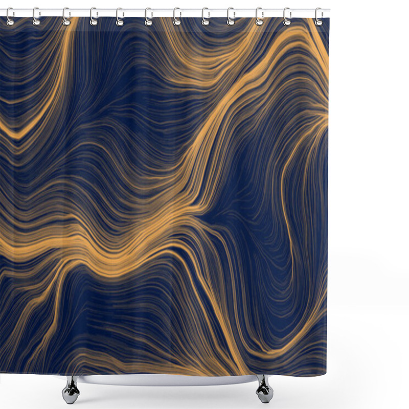 Personality  Dark Blue Abstract Concept Background. Backdrop With Modern Beige Stripes. Wavy Stripes Beige Color On Dark Texture. Neon Glowing Rays Shower Curtains